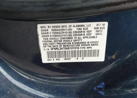 2010 Honda Odyssey Ex-L z USA, uszkodzony, nr VIN 5FNRL3H70AB101916